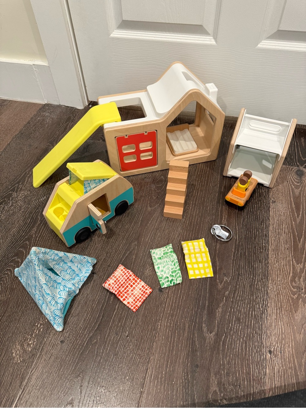 LOVEVERY Wooden Camper and Playhouse Set with Yellow Slide